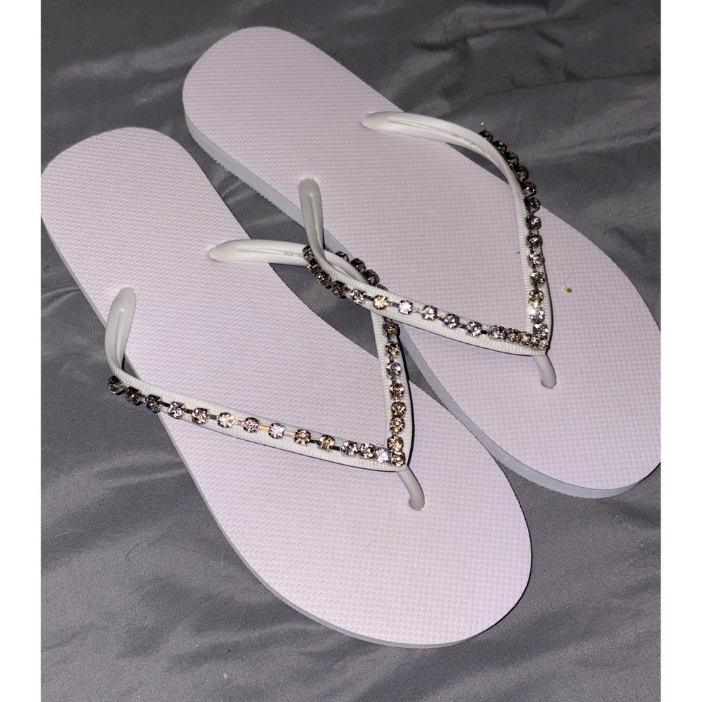 NEW Shade & Shore Women's White Rhinestone Studded‎ Bling Flip Flop Sandals, 11